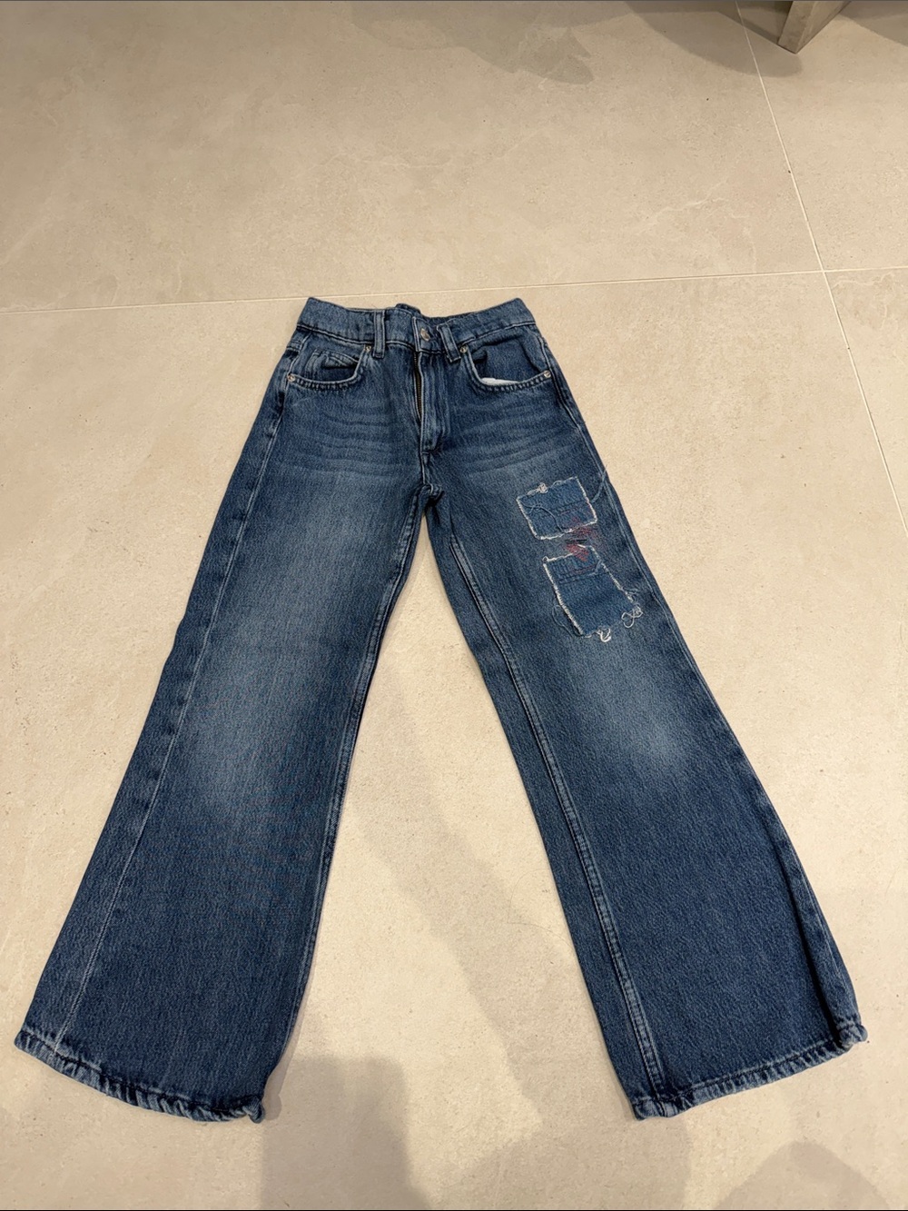 Zara Kids Dark Blue Wide-Leg Jeans with Patch Detail